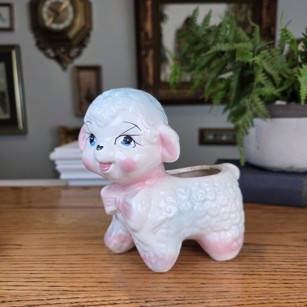 Vintage Mid-Century Anthropomorphic Lamb Planter Pink White Kitsch Nursery Decor